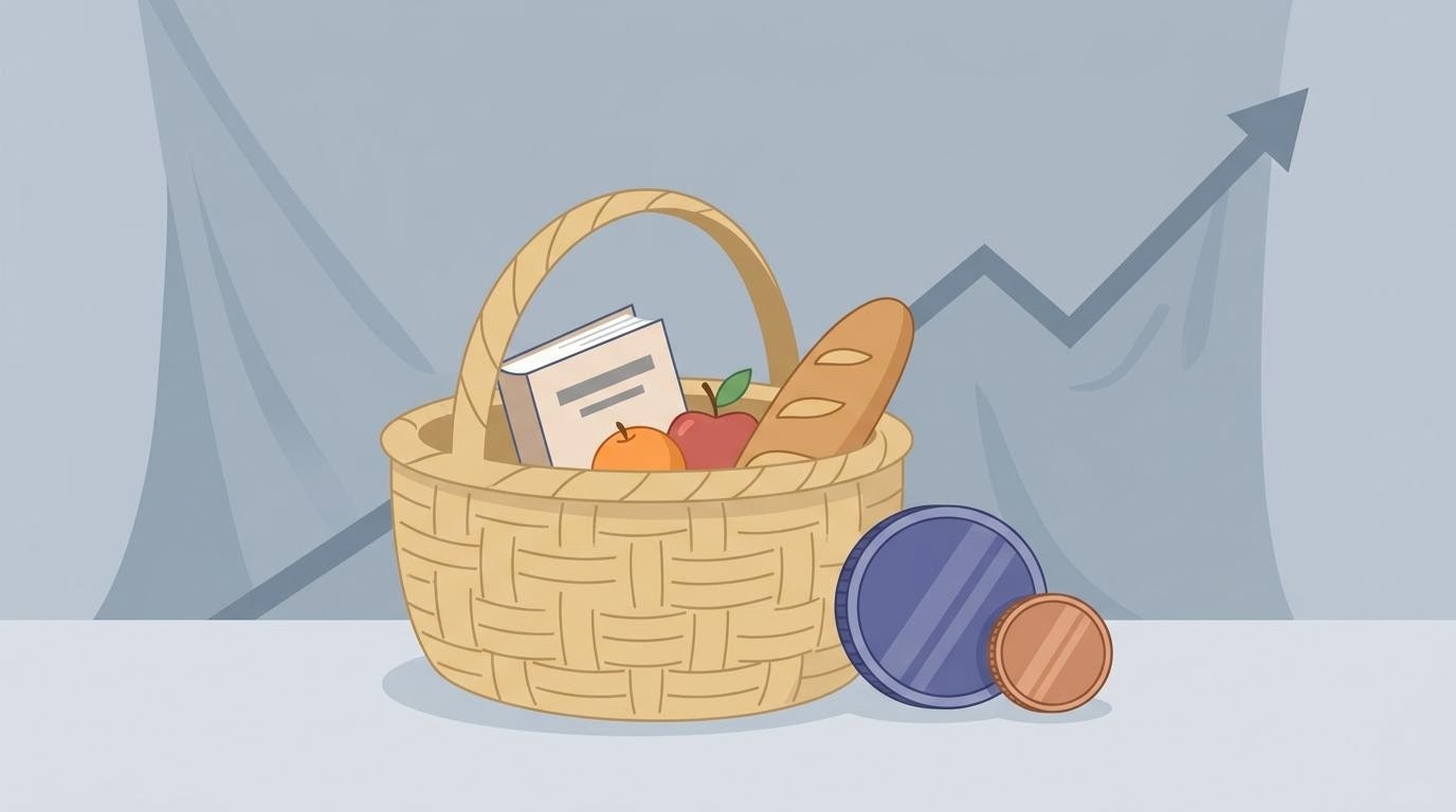 Grafis ilustrasi keranjang belanja dan indikator indeks harga pada nada indigo.
